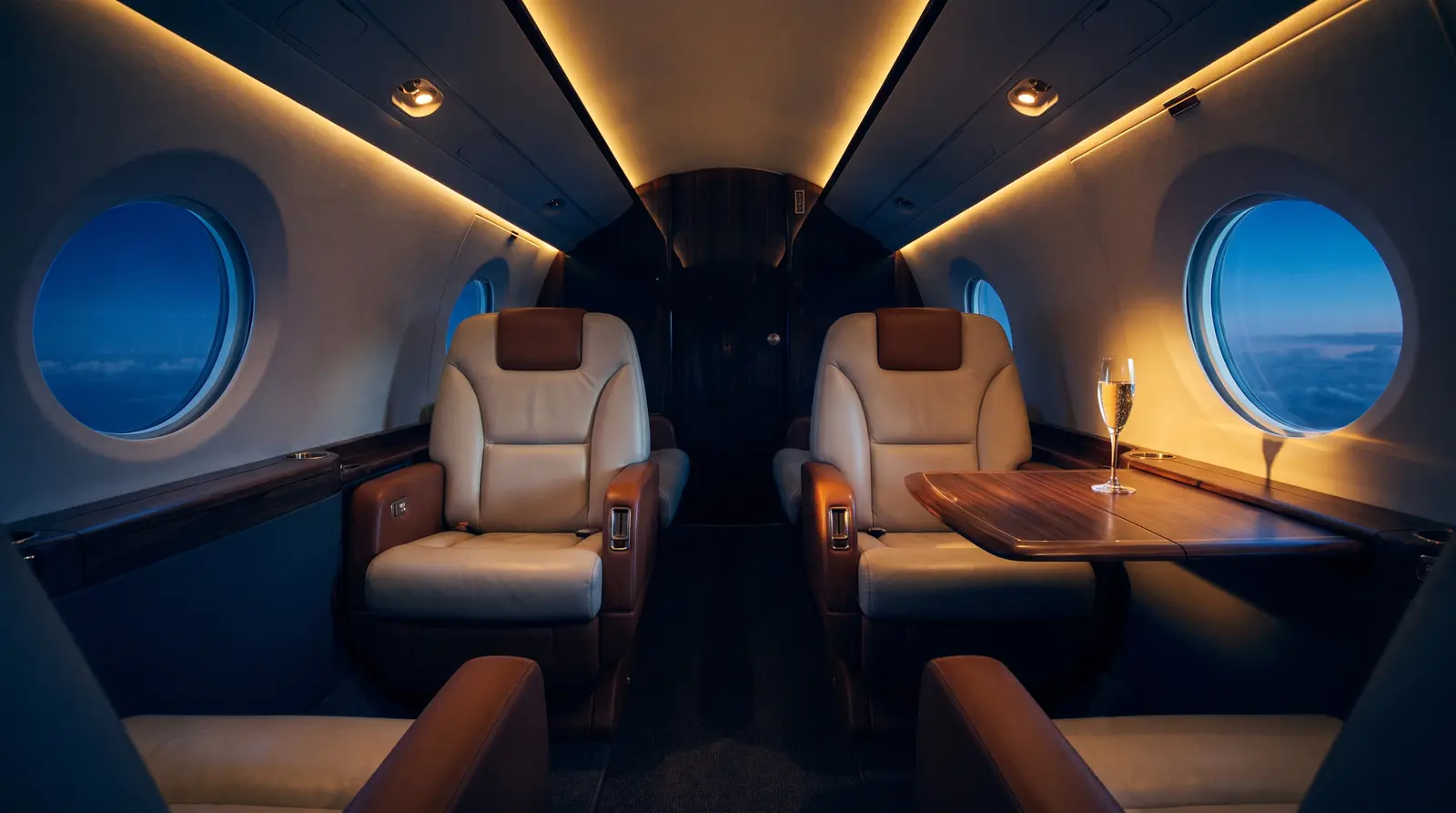 Cream leather club seats inside a private jet cabin