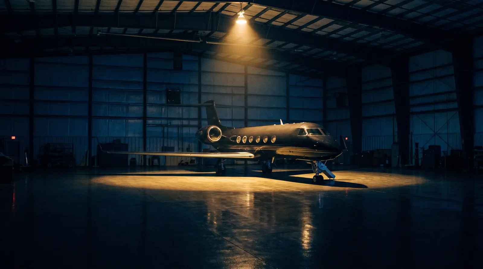 Empty private jet waiting in a lit hangar at night
